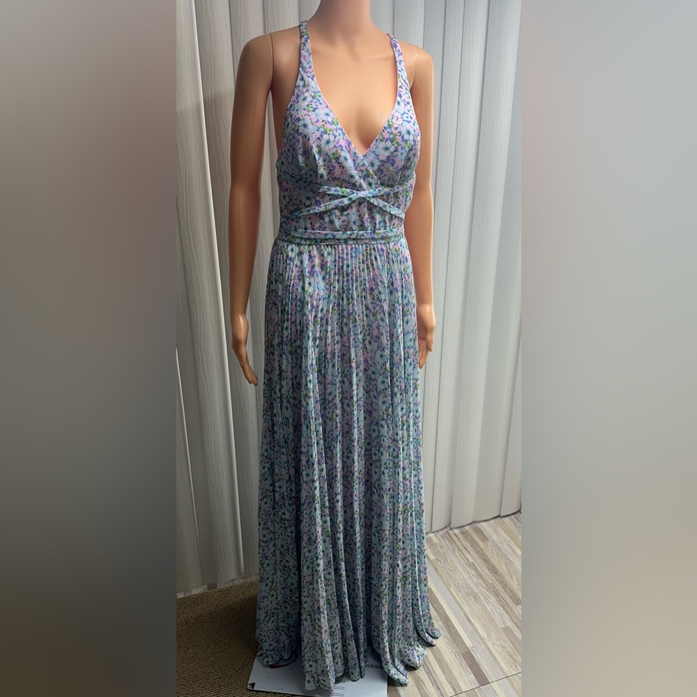 Laundry Pink & Blue Floral Pleated Chiffon Maxi Dress by Shelli Segal * Size 6